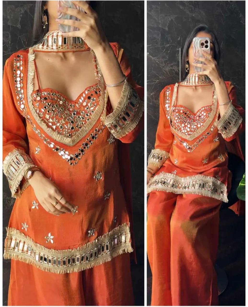 Premium Fendy Silk Mirror Work Top with Sharara Palazzo & Dupatta Set