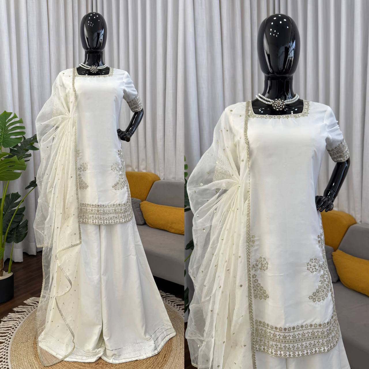 Elegant Crepe Embroidered Top with Palazzo & Organza Dupatta Set