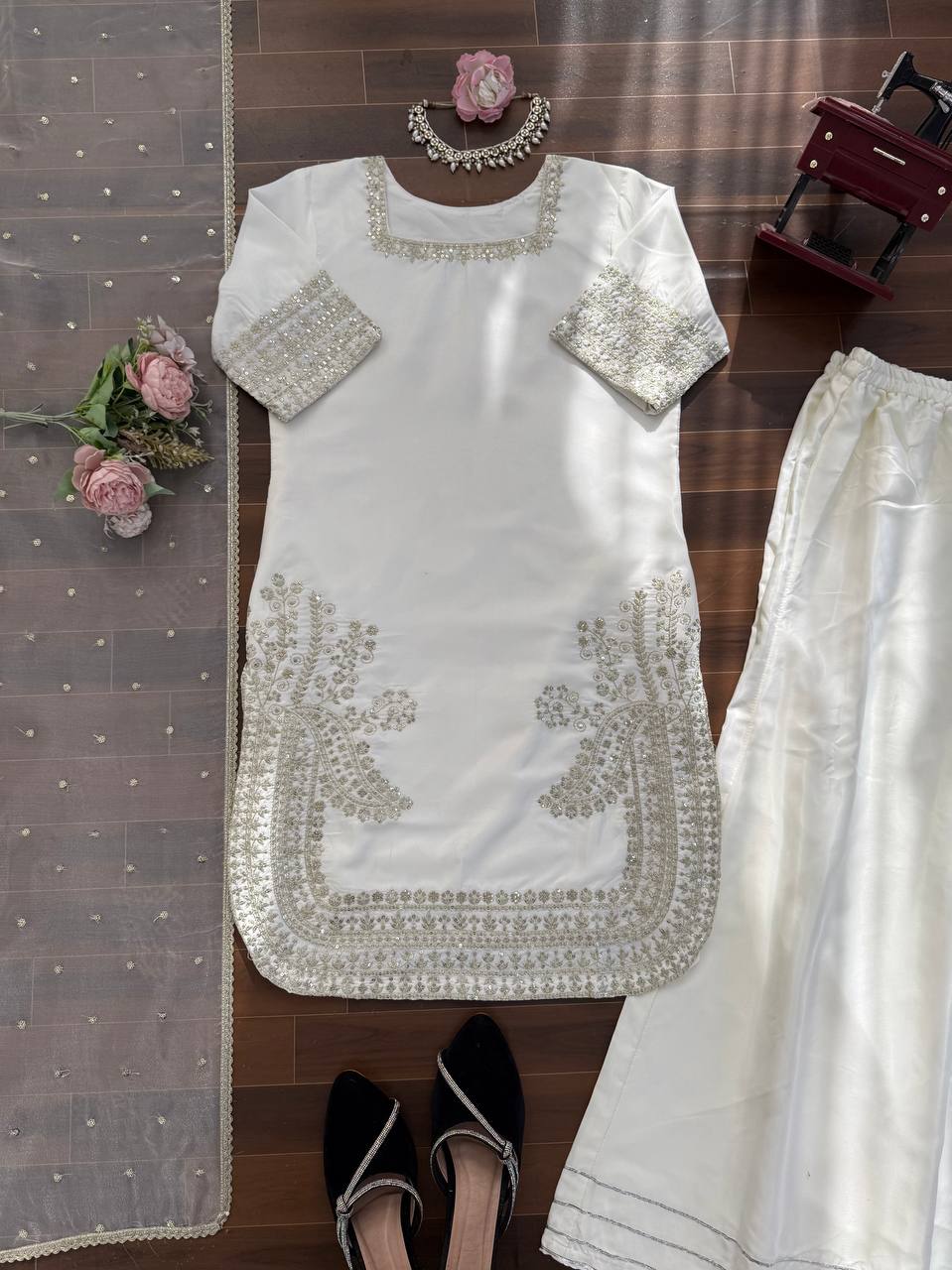 Elegant Crepe Embroidered Top with Palazzo & Organza Dupatta Set
