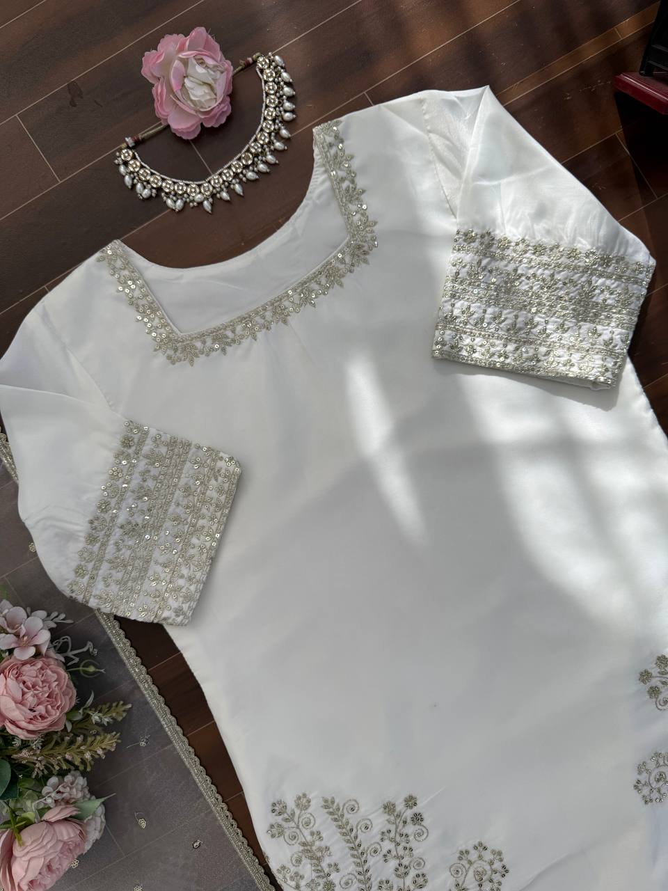 Elegant Crepe Embroidered Top with Palazzo & Organza Dupatta Set