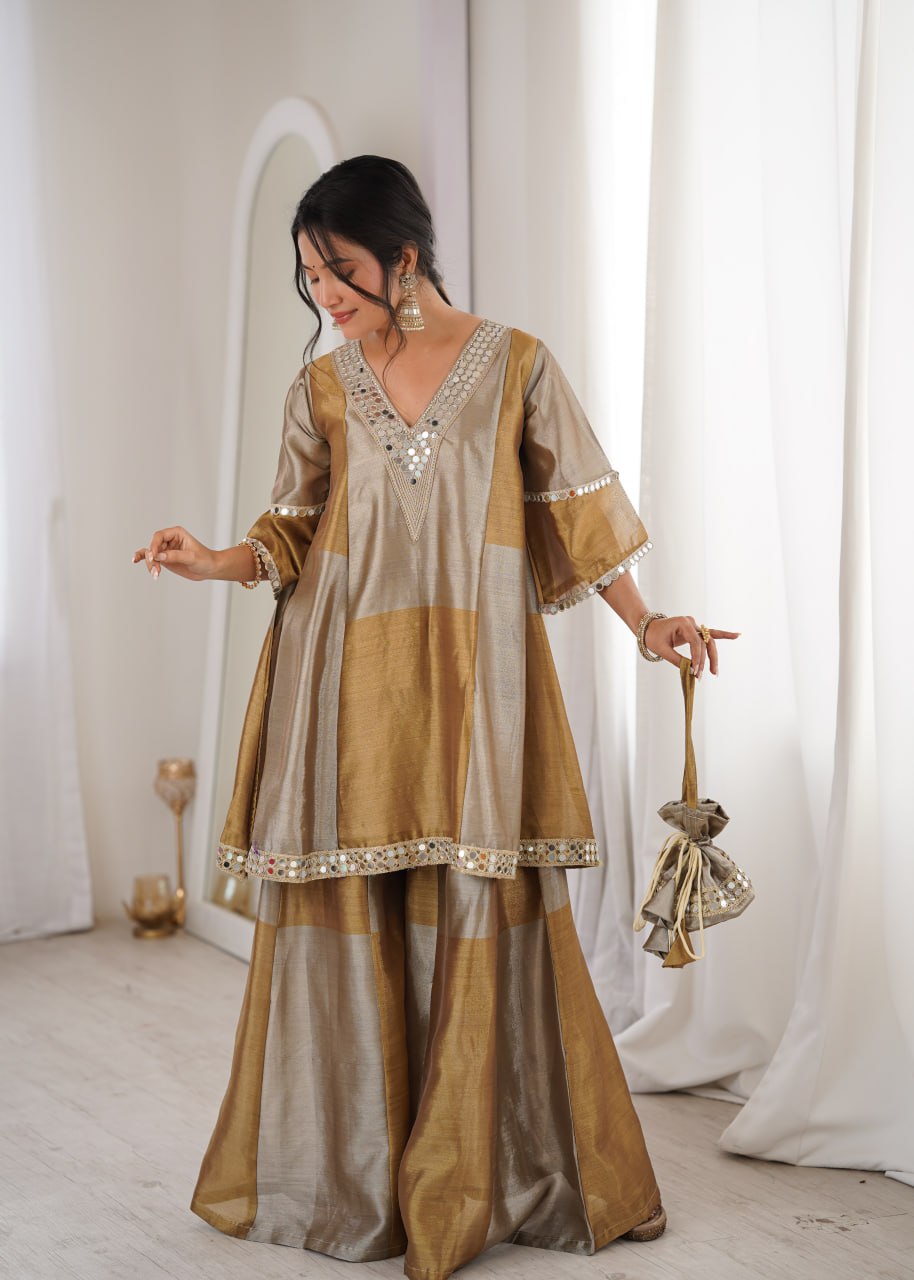Elegant Two-Tone Tissue Mirror Work Top with Pant & Batwa Set