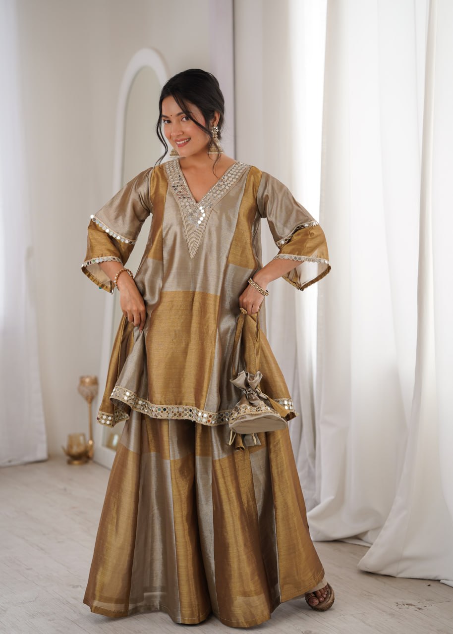 Elegant Two-Tone Tissue Mirror Work Top with Pant & Batwa Set