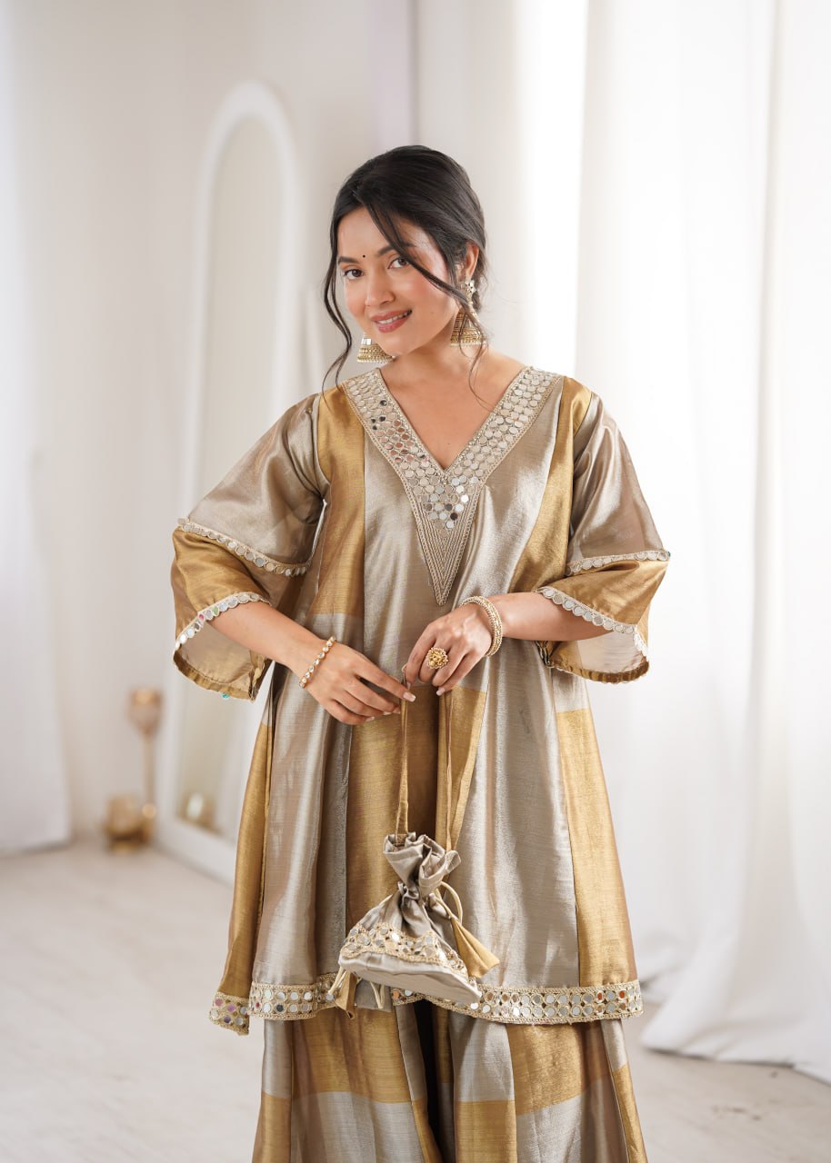 Elegant Two-Tone Tissue Mirror Work Top with Pant & Batwa Set