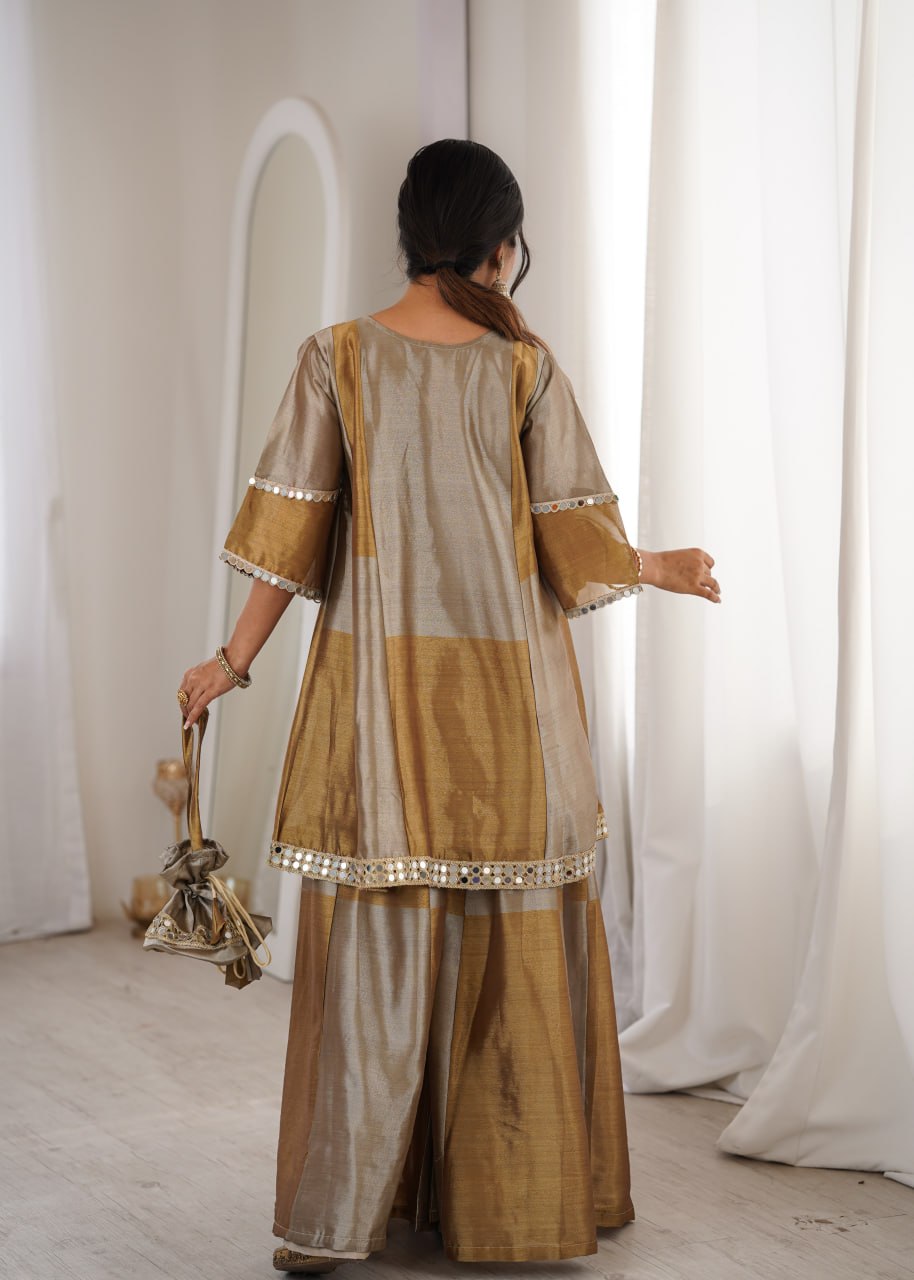 Elegant Two-Tone Tissue Mirror Work Top with Pant & Batwa Set