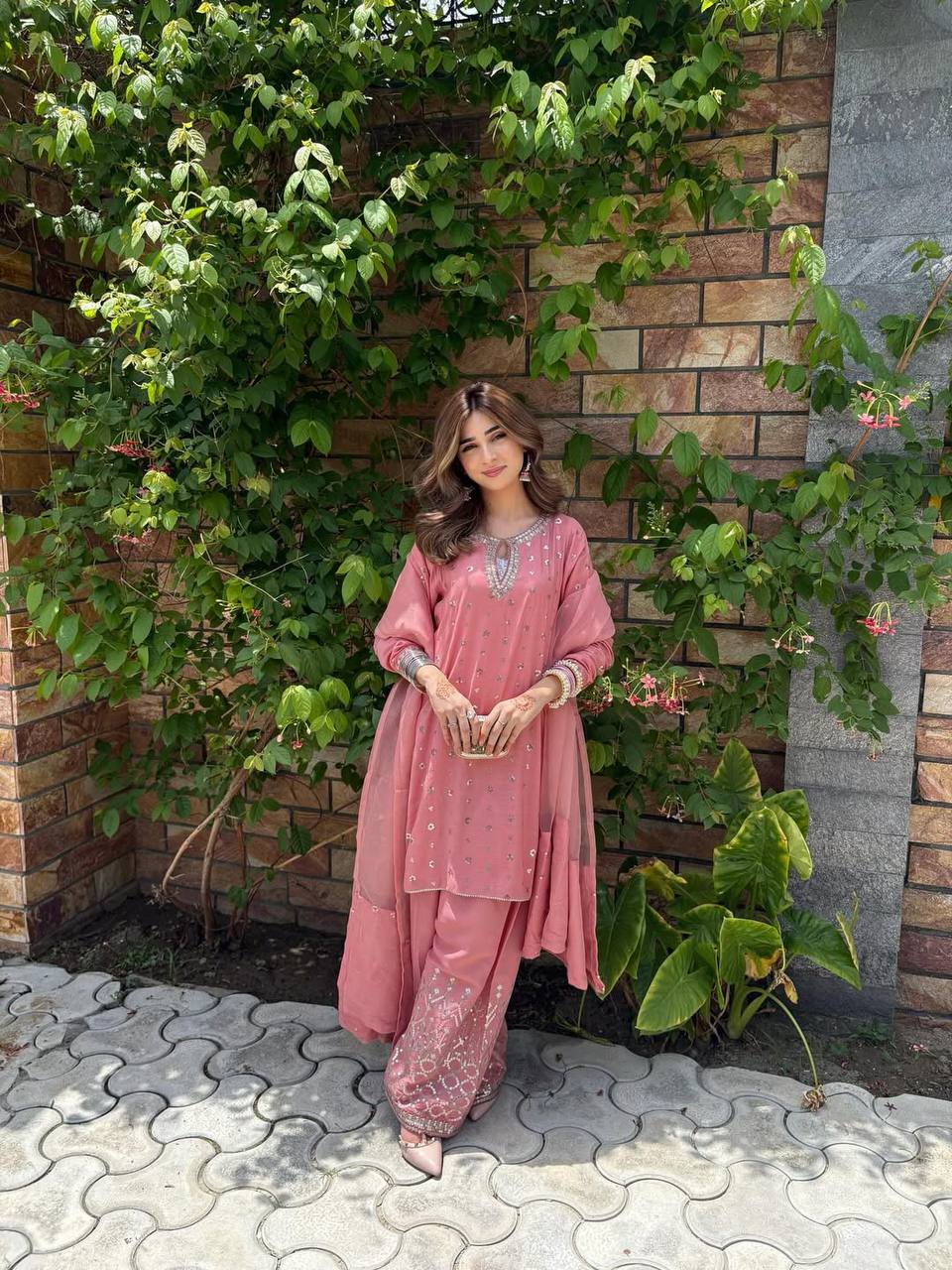 Premium Chinon Silk Embroidered Top with Farshi Salwar & Organza Dupatta Set