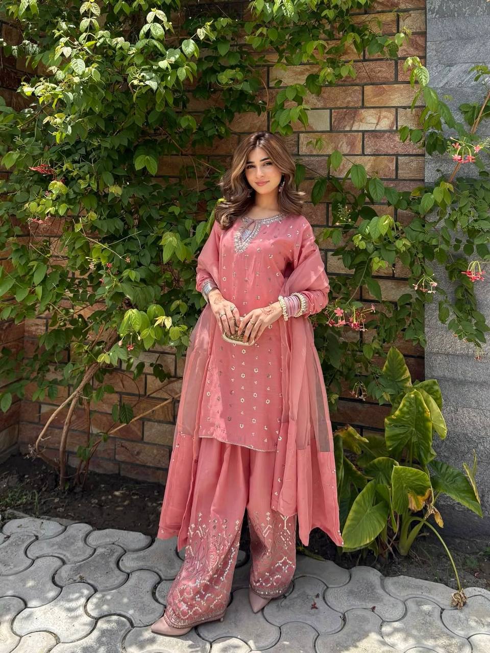 Premium Chinon Silk Embroidered Top with Farshi Salwar & Organza Dupatta Set