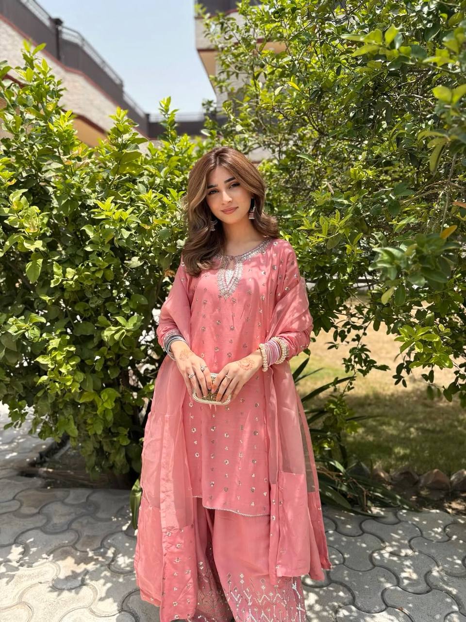 Premium Chinon Silk Embroidered Top with Farshi Salwar & Organza Dupatta Set