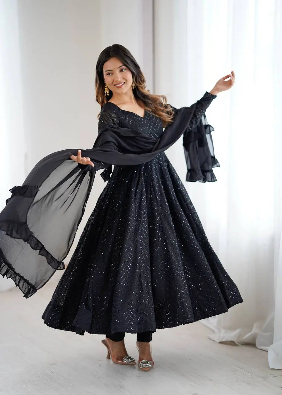 Lucknowi Georgette Anarkali Suit with Ruffle Dupatta & Pant Set