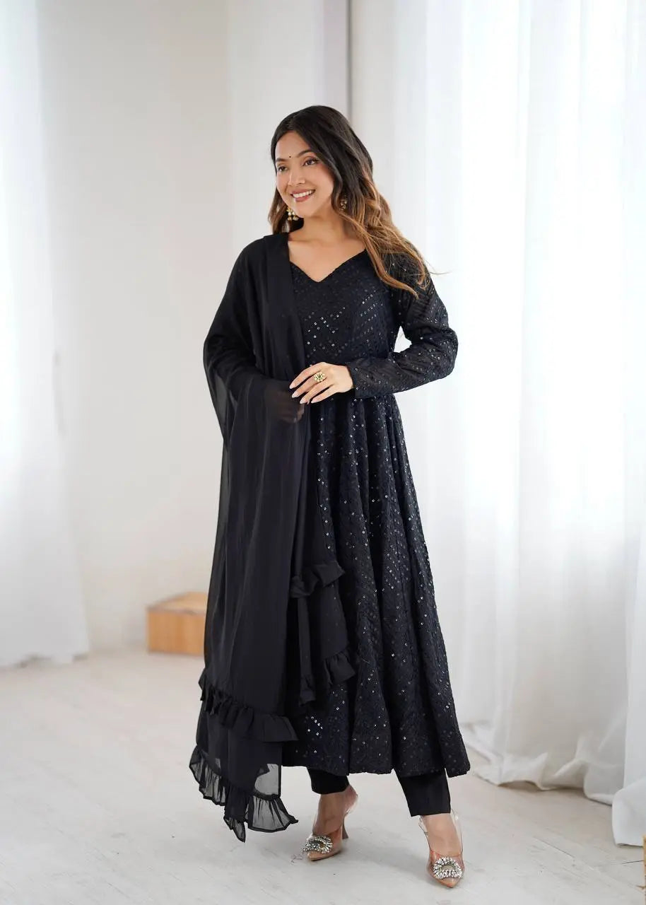 Lucknowi Georgette Anarkali Suit with Ruffle Dupatta & Pant Set