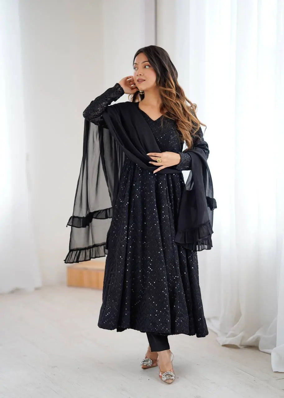 Lucknowi Georgette Anarkali Suit with Ruffle Dupatta & Pant Set