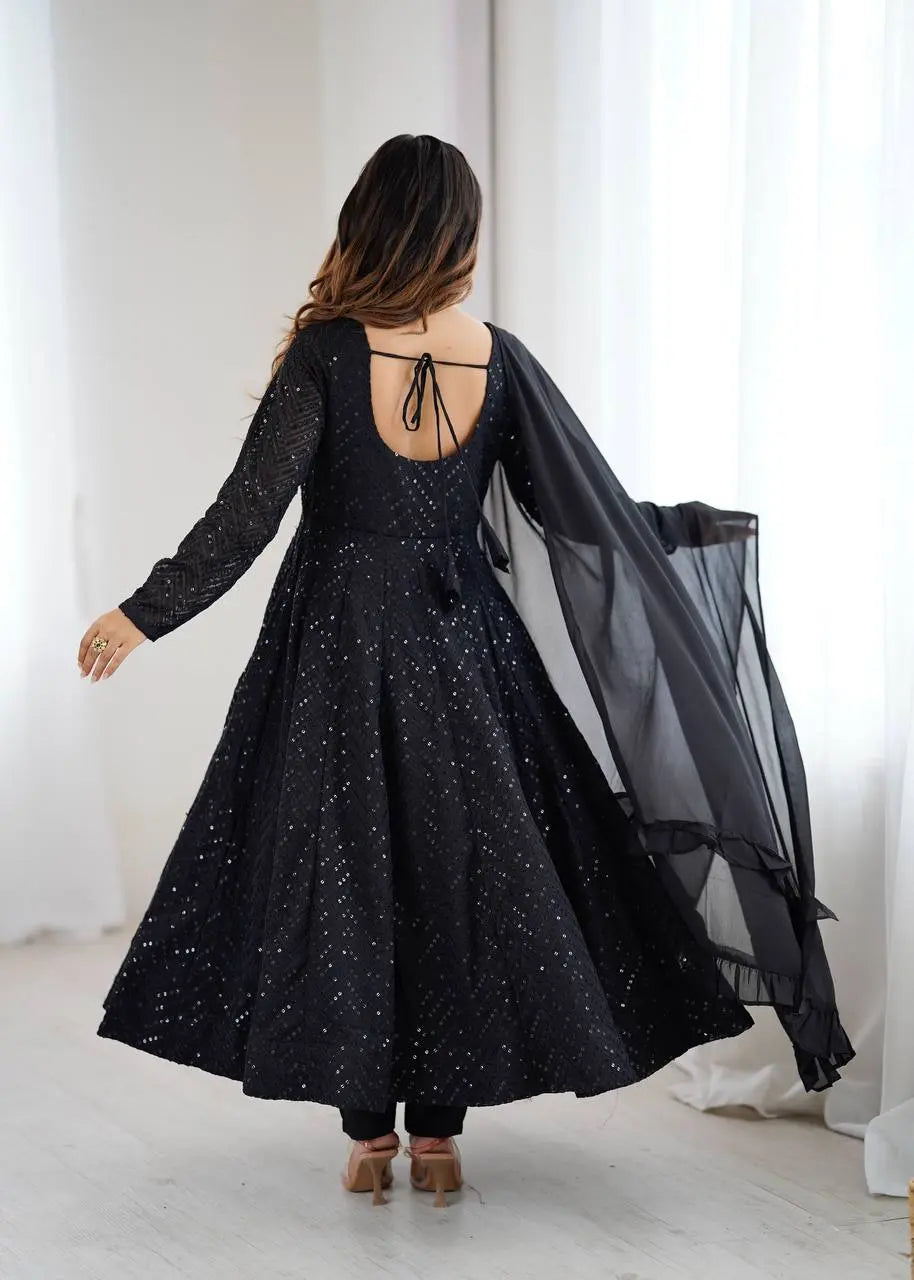 Lucknowi Georgette Anarkali Suit with Ruffle Dupatta & Pant Set