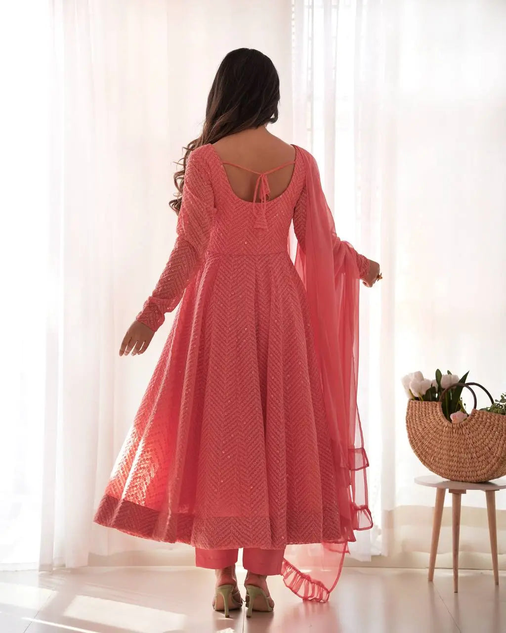 Lucknowi Georgette Anarkali Suit with Ruffle Dupatta & Pant Set