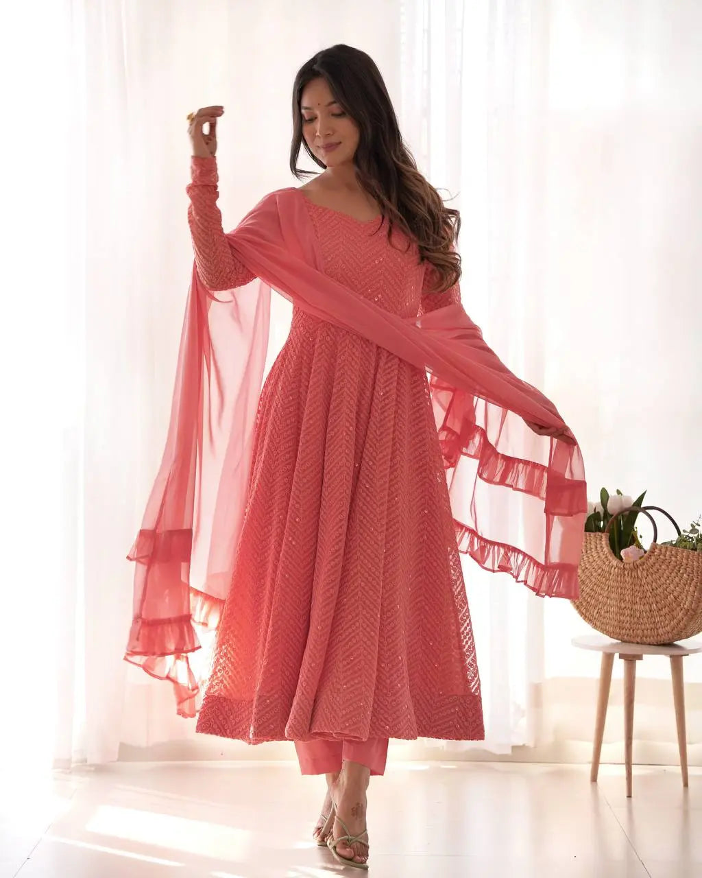 Lucknowi Georgette Anarkali Suit with Ruffle Dupatta & Pant Set