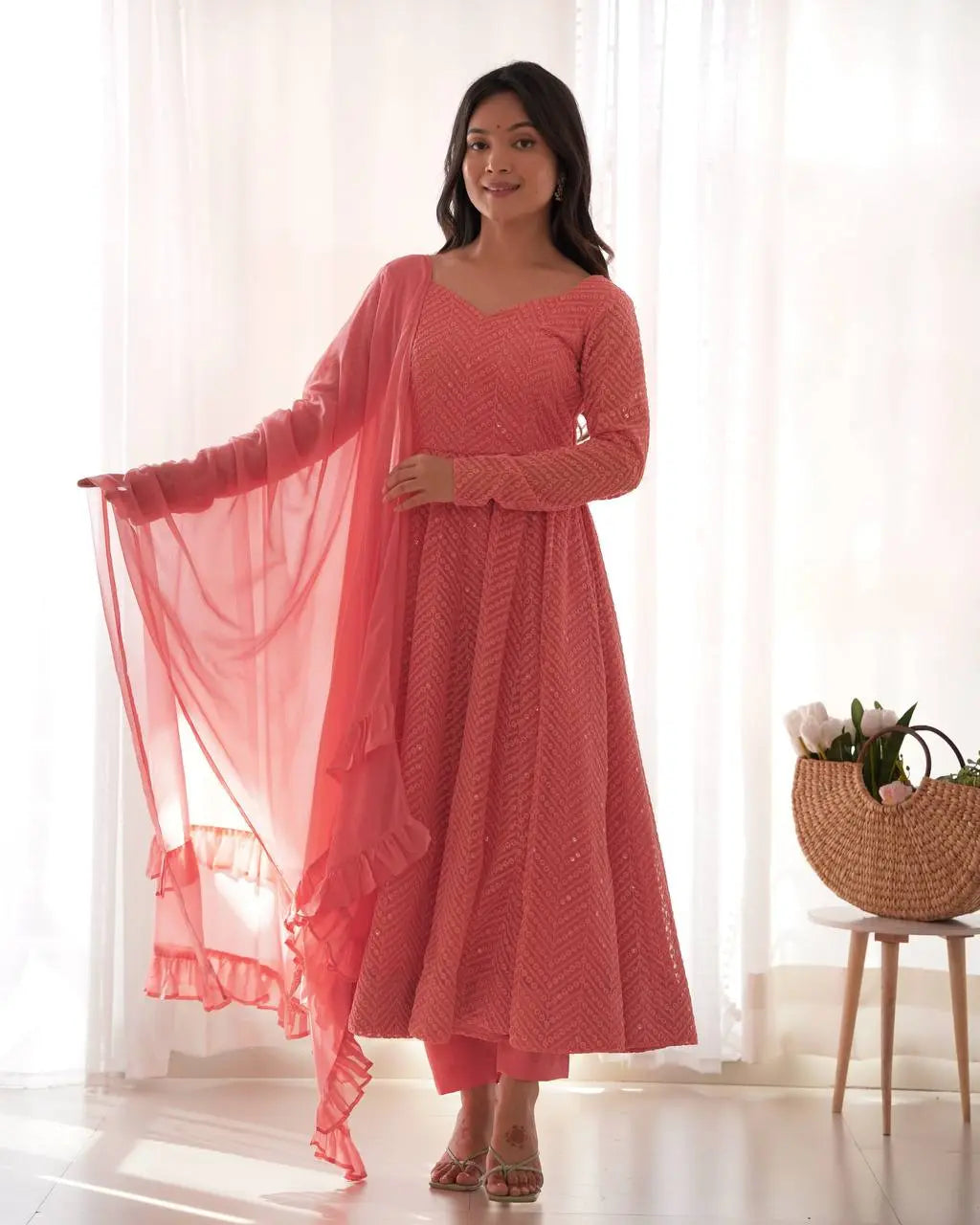 Lucknowi Georgette Anarkali Suit with Ruffle Dupatta & Pant Set