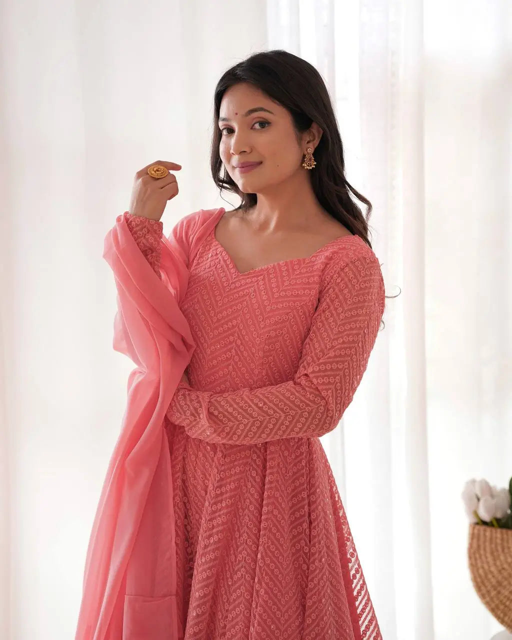 Lucknowi Georgette Anarkali Suit with Ruffle Dupatta & Pant Set