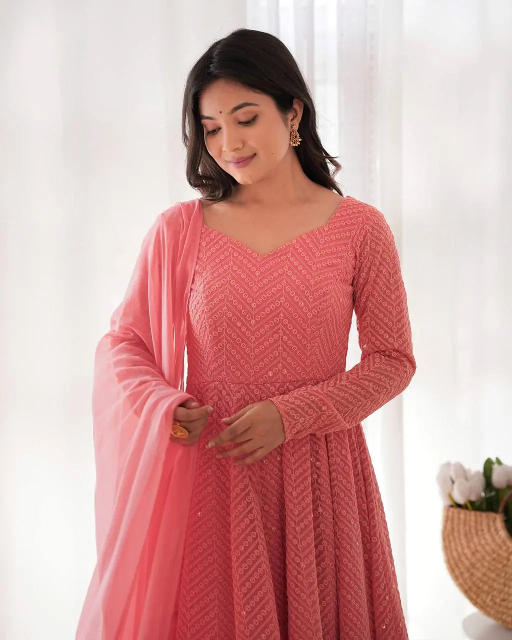 Lucknowi Georgette Anarkali Suit with Ruffle Dupatta & Pant Set