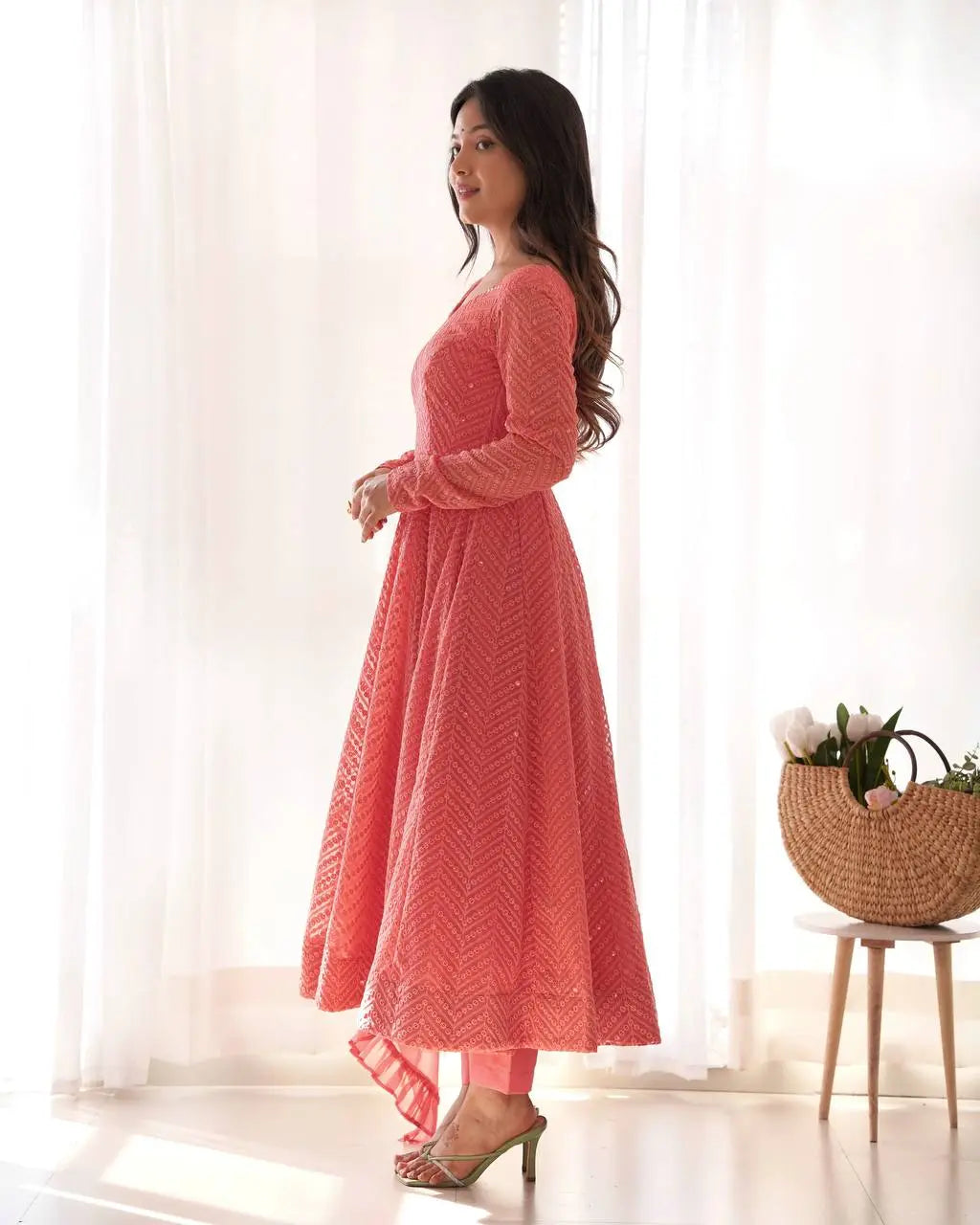 Lucknowi Georgette Anarkali Suit with Ruffle Dupatta & Pant Set