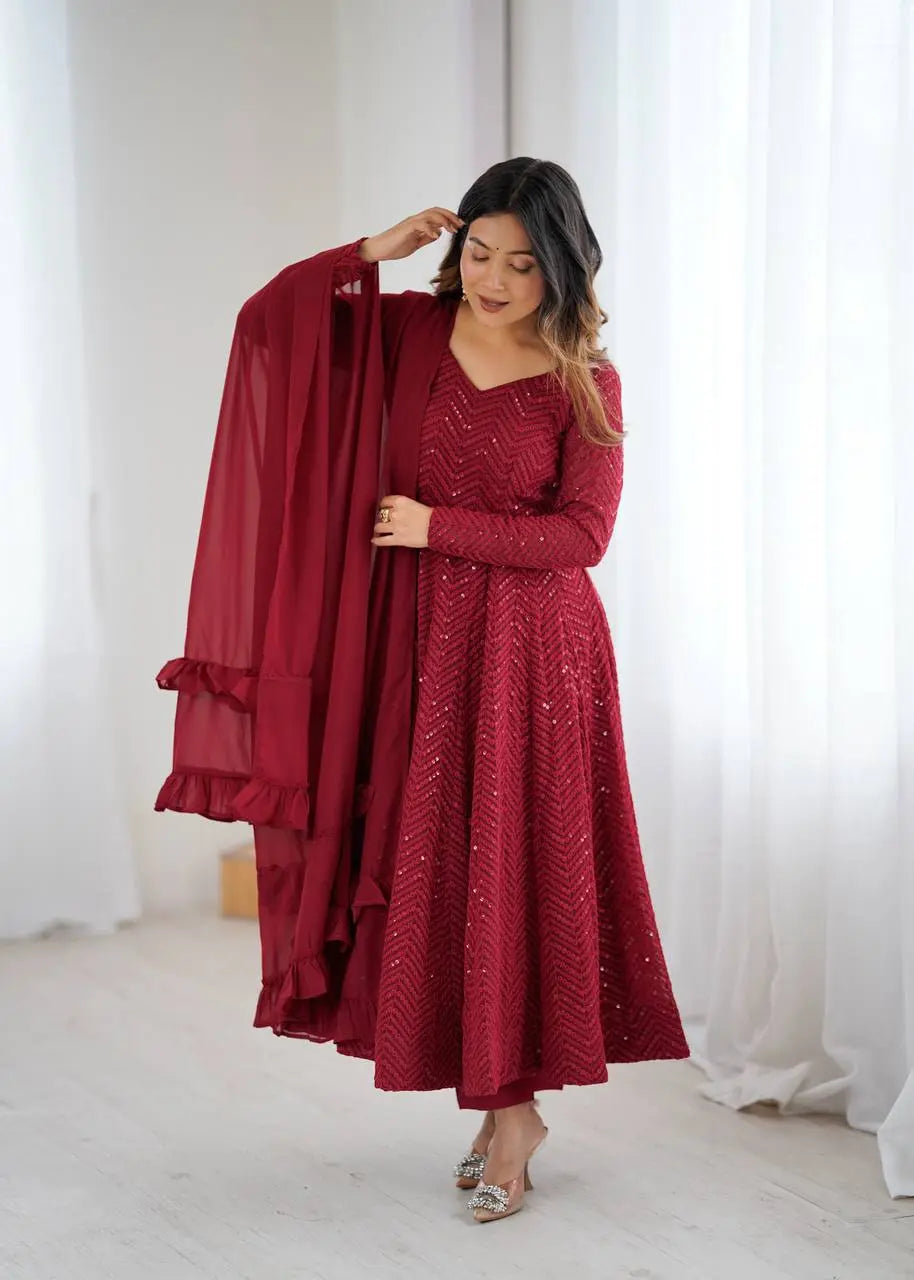 Lucknowi Georgette Anarkali Suit with Ruffle Dupatta & Pant Set
