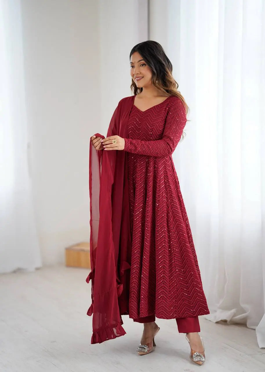 Lucknowi Georgette Anarkali Suit with Ruffle Dupatta & Pant Set