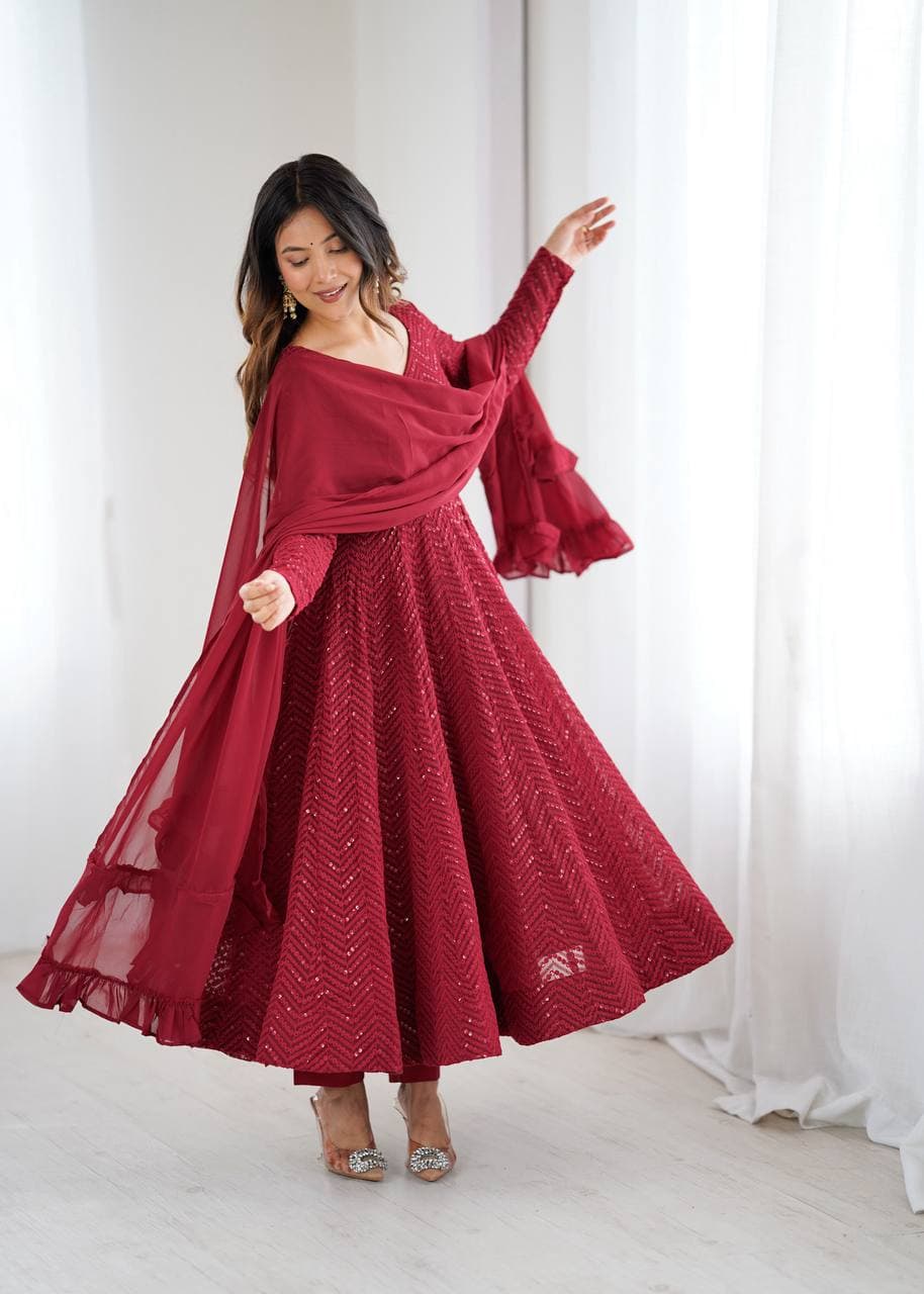 Lucknowi Georgette Anarkali Suit with Ruffle Dupatta & Pant Set