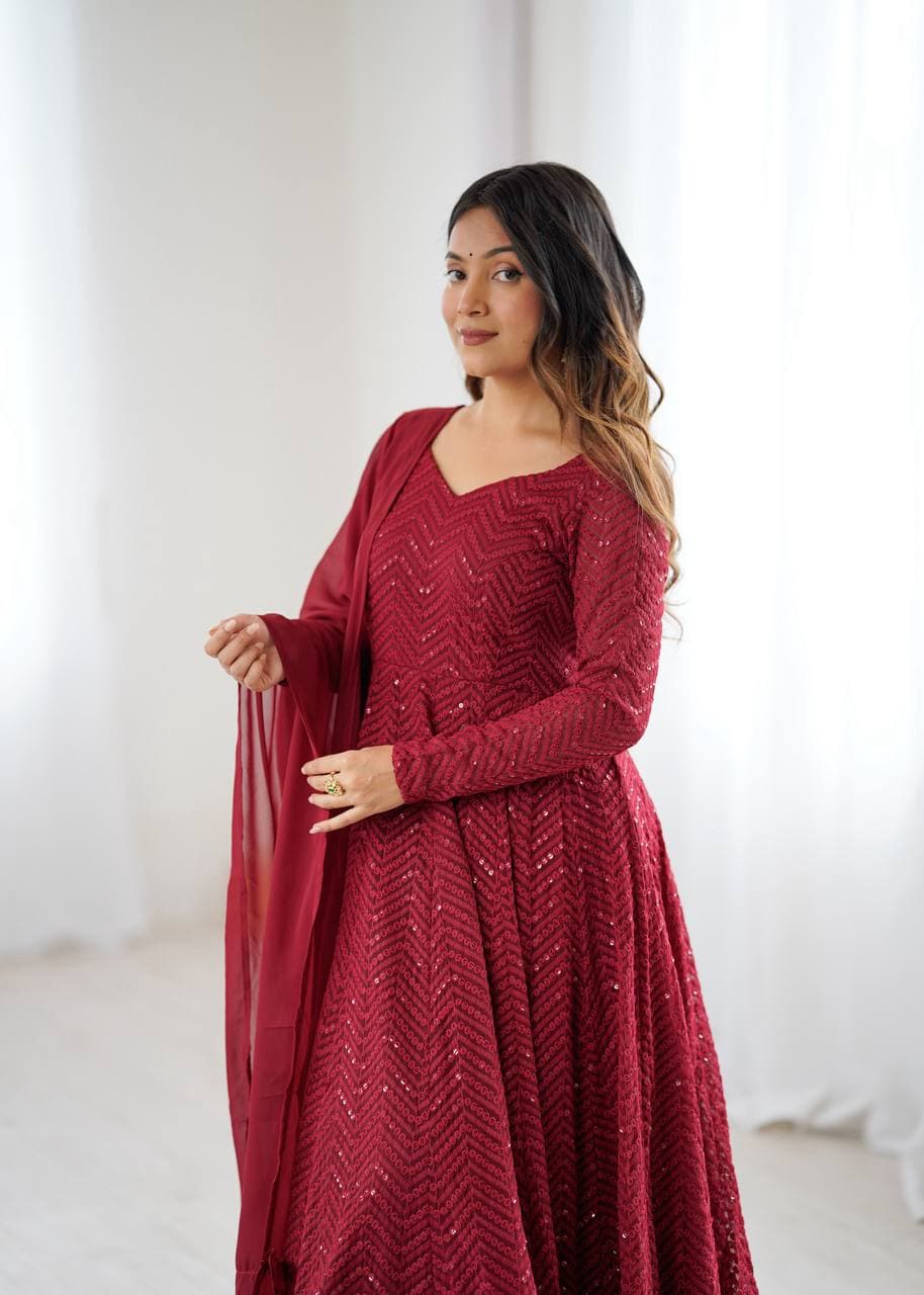 Lucknowi Georgette Anarkali Suit with Ruffle Dupatta & Pant Set