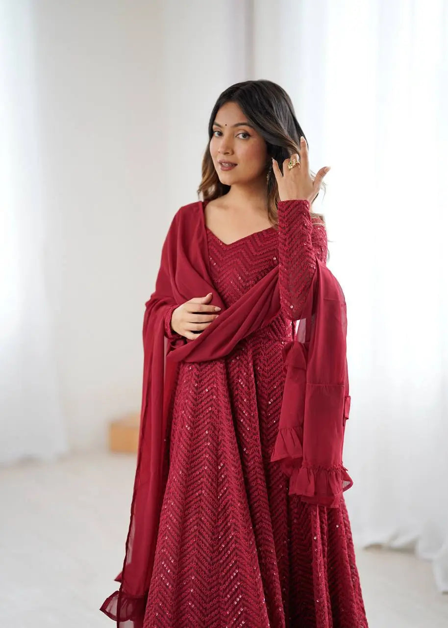Lucknowi Georgette Anarkali Suit with Ruffle Dupatta & Pant Set