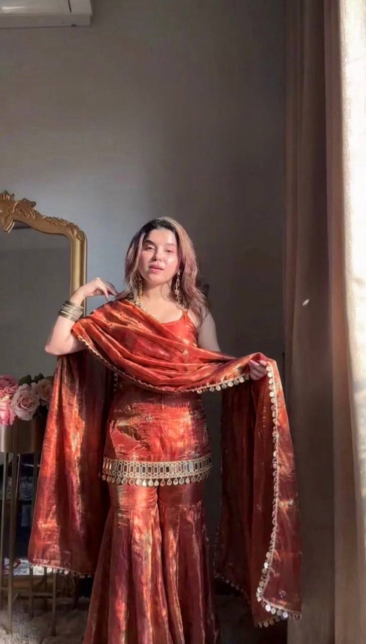 Premium Fendy Silk Mirror Work Top with Palazzo & Dupatta Set
