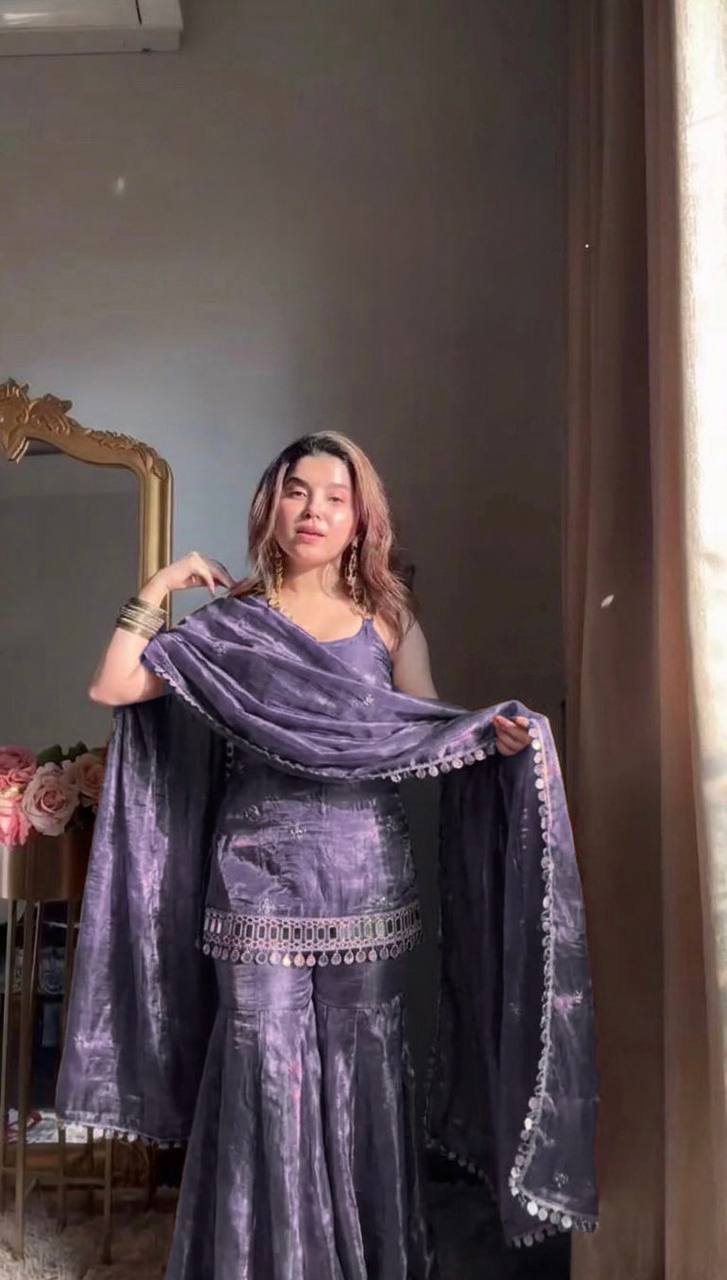 Premium Fendy Silk Mirror Work Top with Palazzo & Dupatta Set