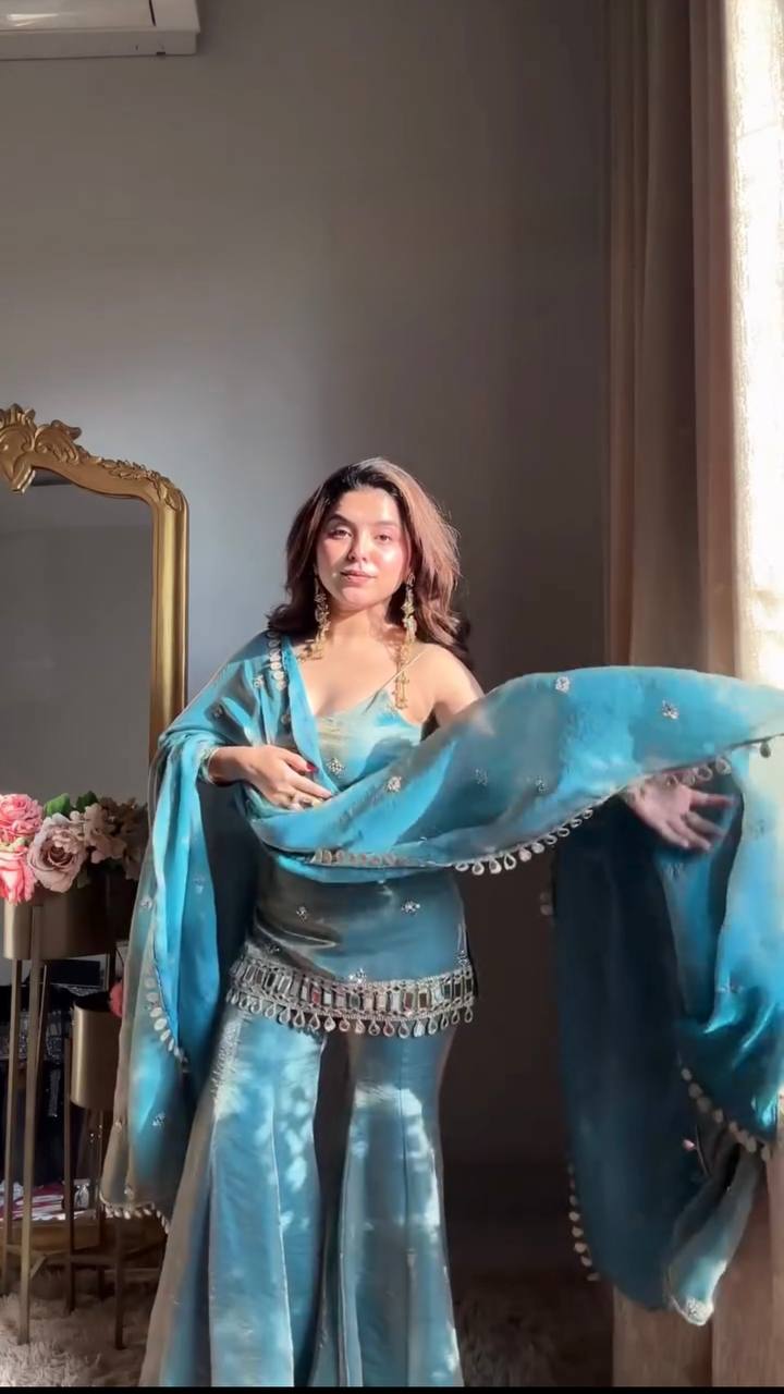 Premium Fendy Silk Mirror Work Top with Palazzo & Dupatta Set