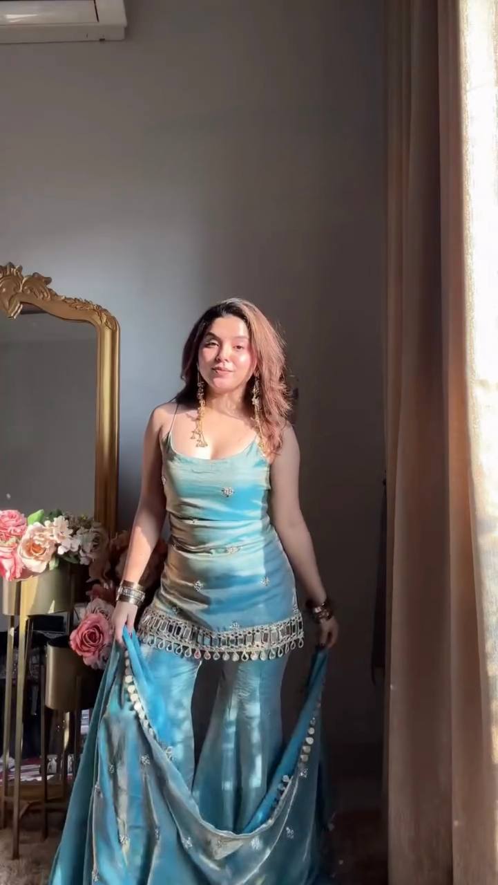 Premium Fendy Silk Mirror Work Top with Palazzo & Dupatta Set