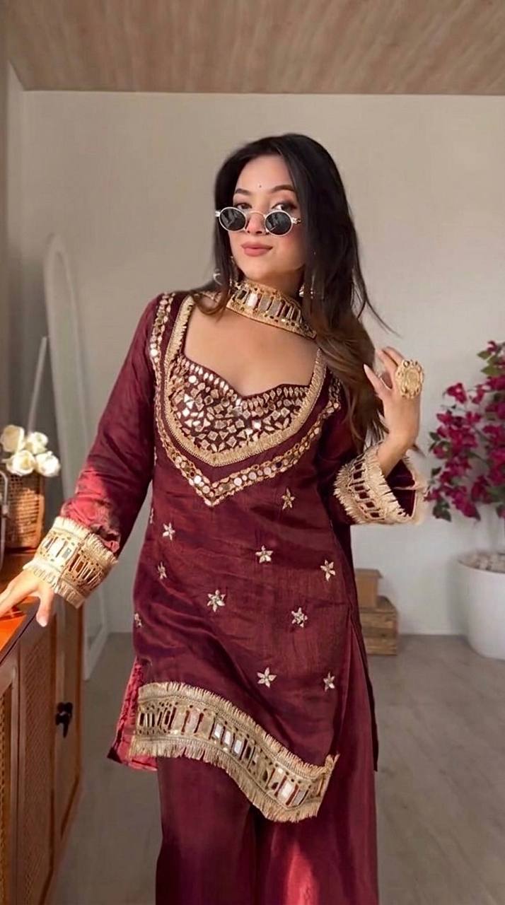 Premium Fendy Silk Mirror Work Top with Sharara Palazzo & Dupatta Set