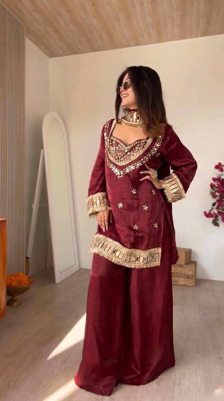 Premium Fendy Silk Mirror Work Top with Sharara Palazzo & Dupatta Set