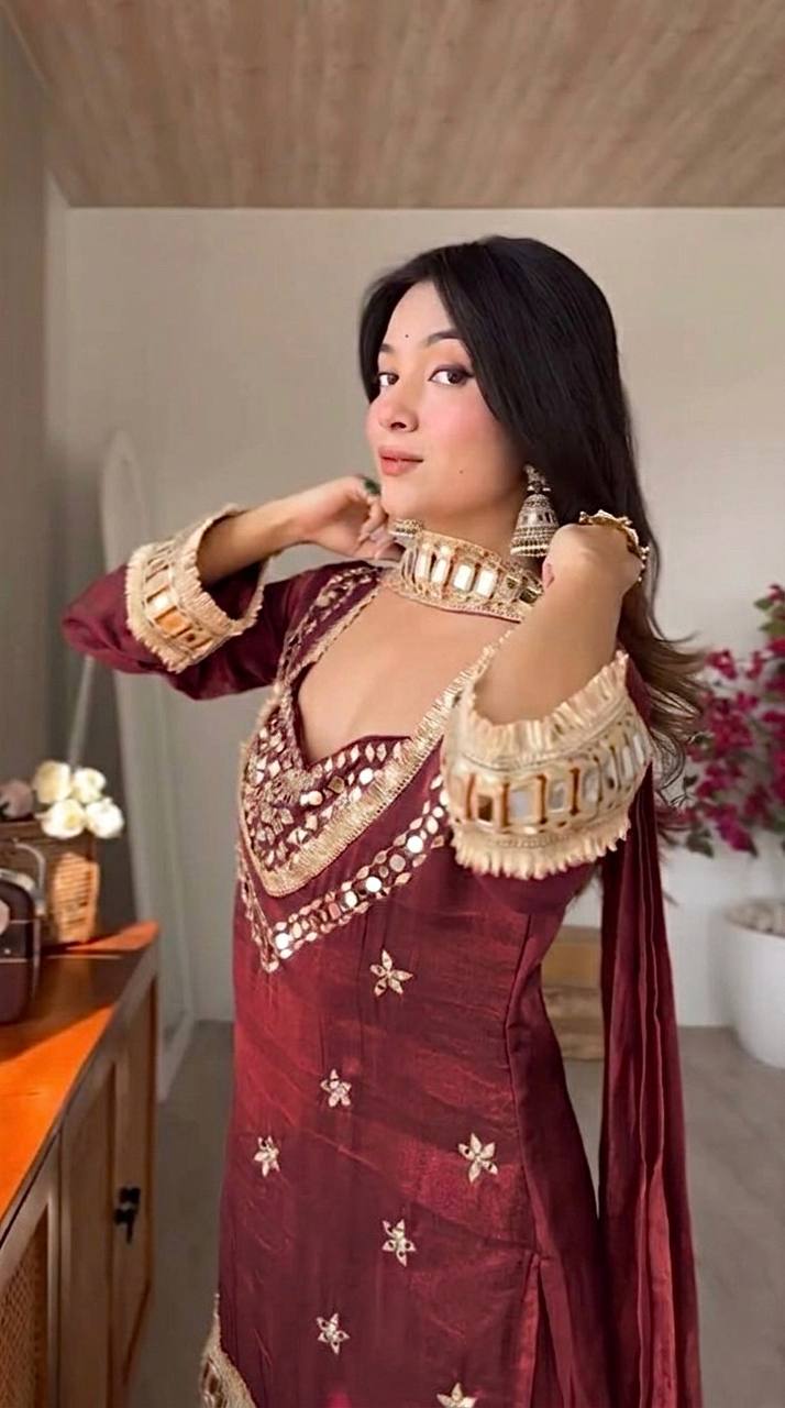 Premium Fendy Silk Mirror Work Top with Sharara Palazzo & Dupatta Set