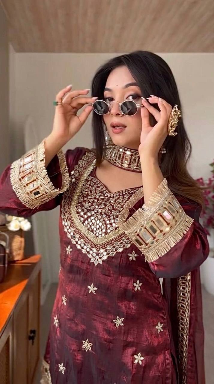 Premium Fendy Silk Mirror Work Top with Sharara Palazzo & Dupatta Set