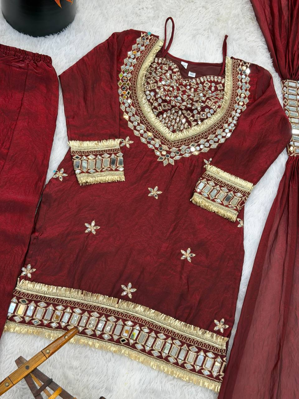 Premium Fendy Silk Mirror Work Top with Sharara Palazzo & Dupatta Set