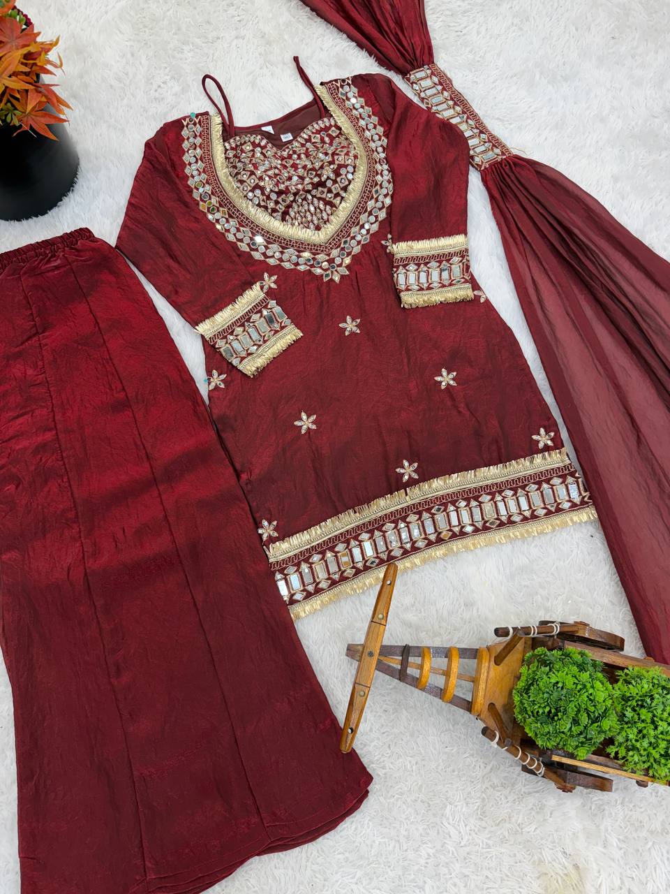 Premium Fendy Silk Mirror Work Top with Sharara Palazzo & Dupatta Set