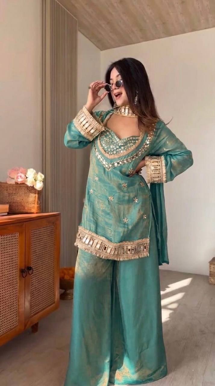 Premium Fendy Silk Mirror Work Top with Sharara Palazzo & Dupatta Set