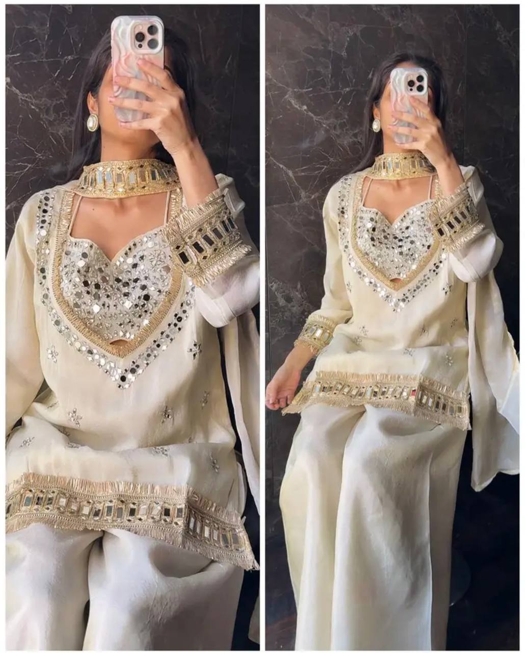 Premium Fendy Silk Mirror Work Top with Sharara Palazzo & Dupatta Set