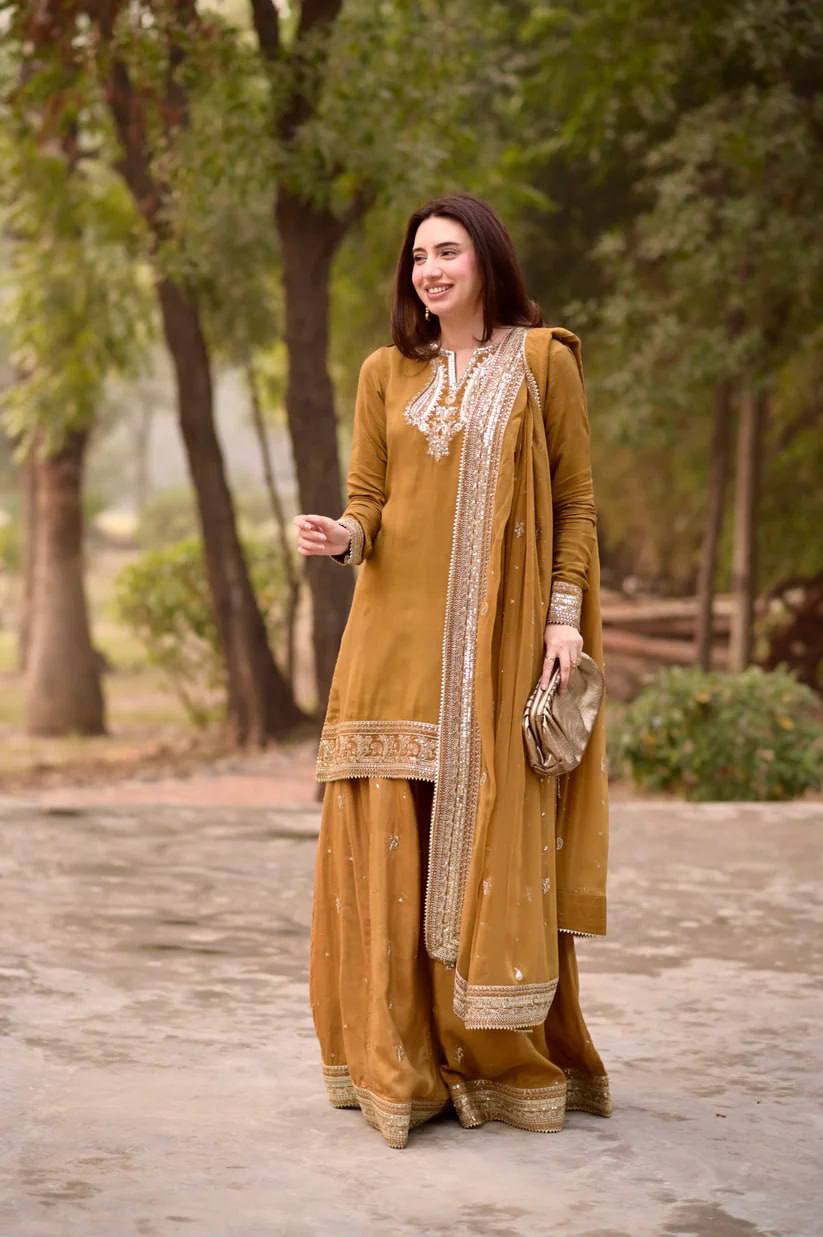 Premium Mul Chanderi Embroidered Top with Palazzo & Dupatta Set