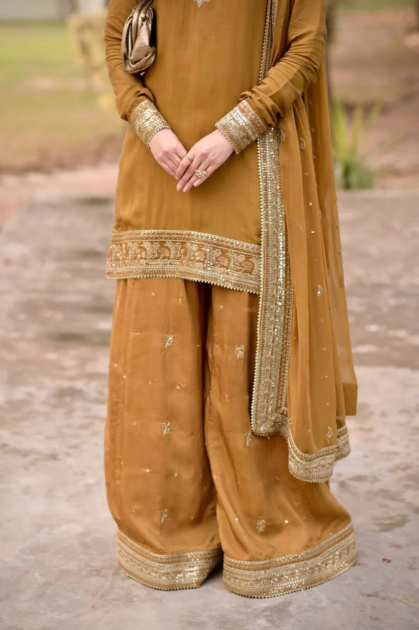 Premium Mul Chanderi Embroidered Top with Palazzo & Dupatta Set