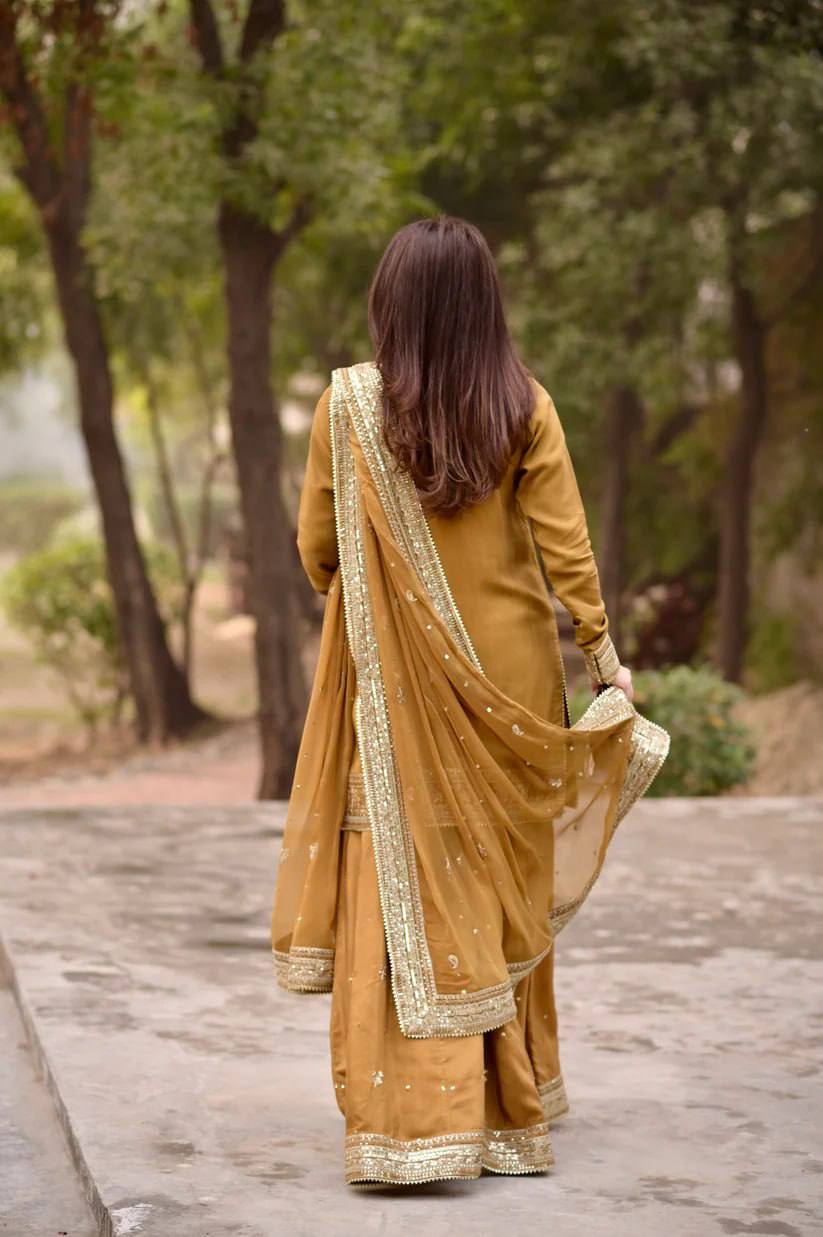 Premium Mul Chanderi Embroidered Top with Palazzo & Dupatta Set