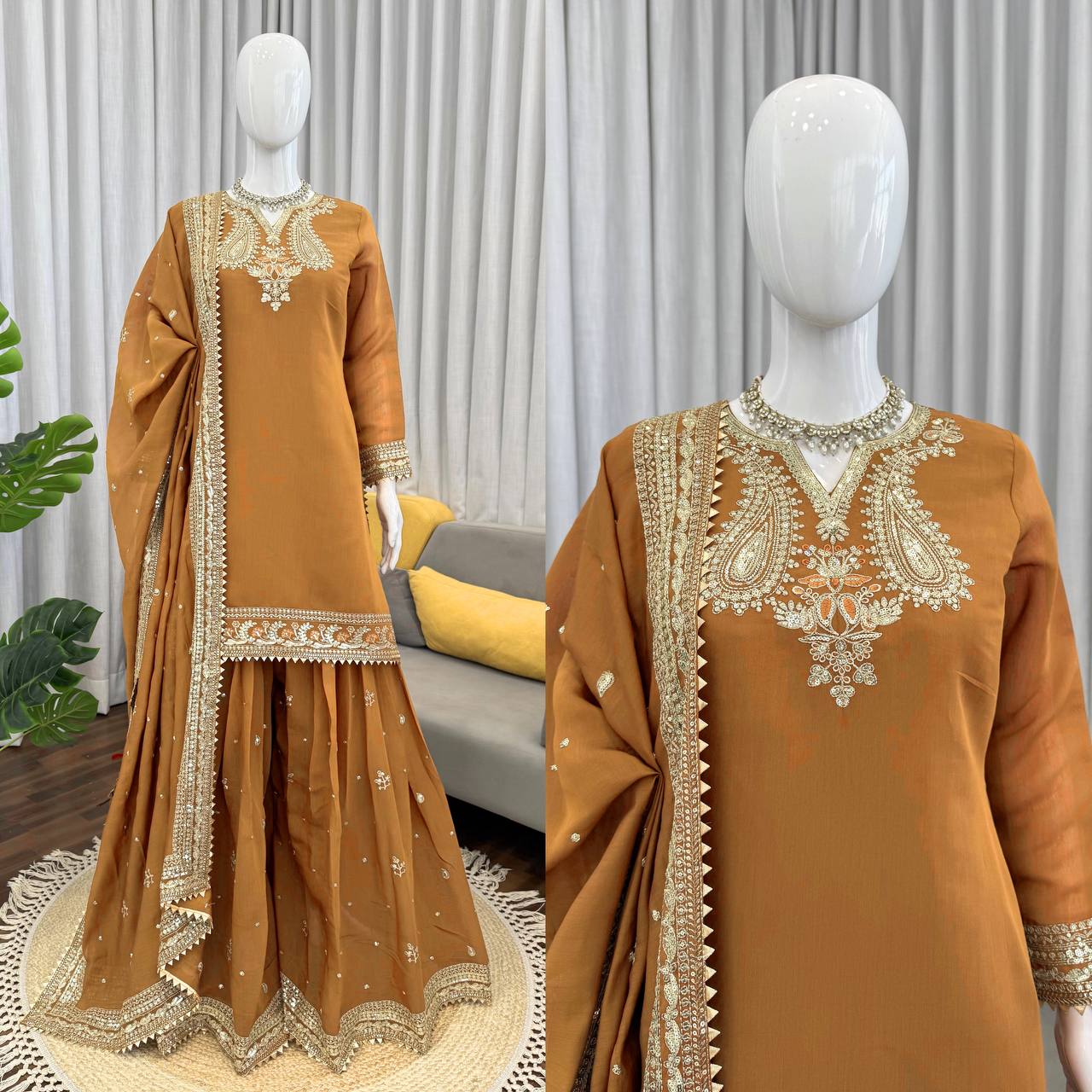 Premium Mul Chanderi Embroidered Top with Palazzo & Dupatta Set