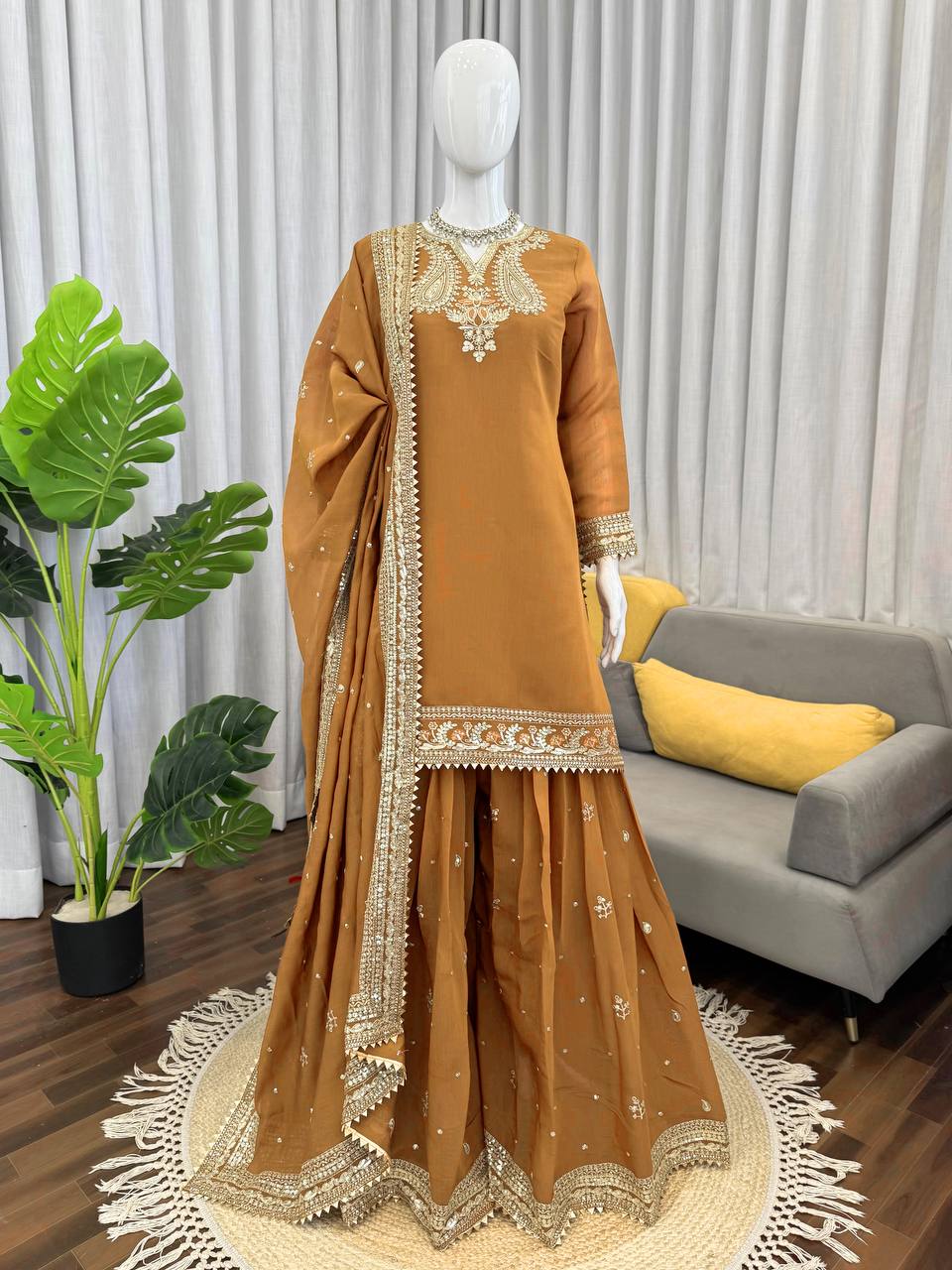 Premium Mul Chanderi Embroidered Top with Palazzo & Dupatta Set