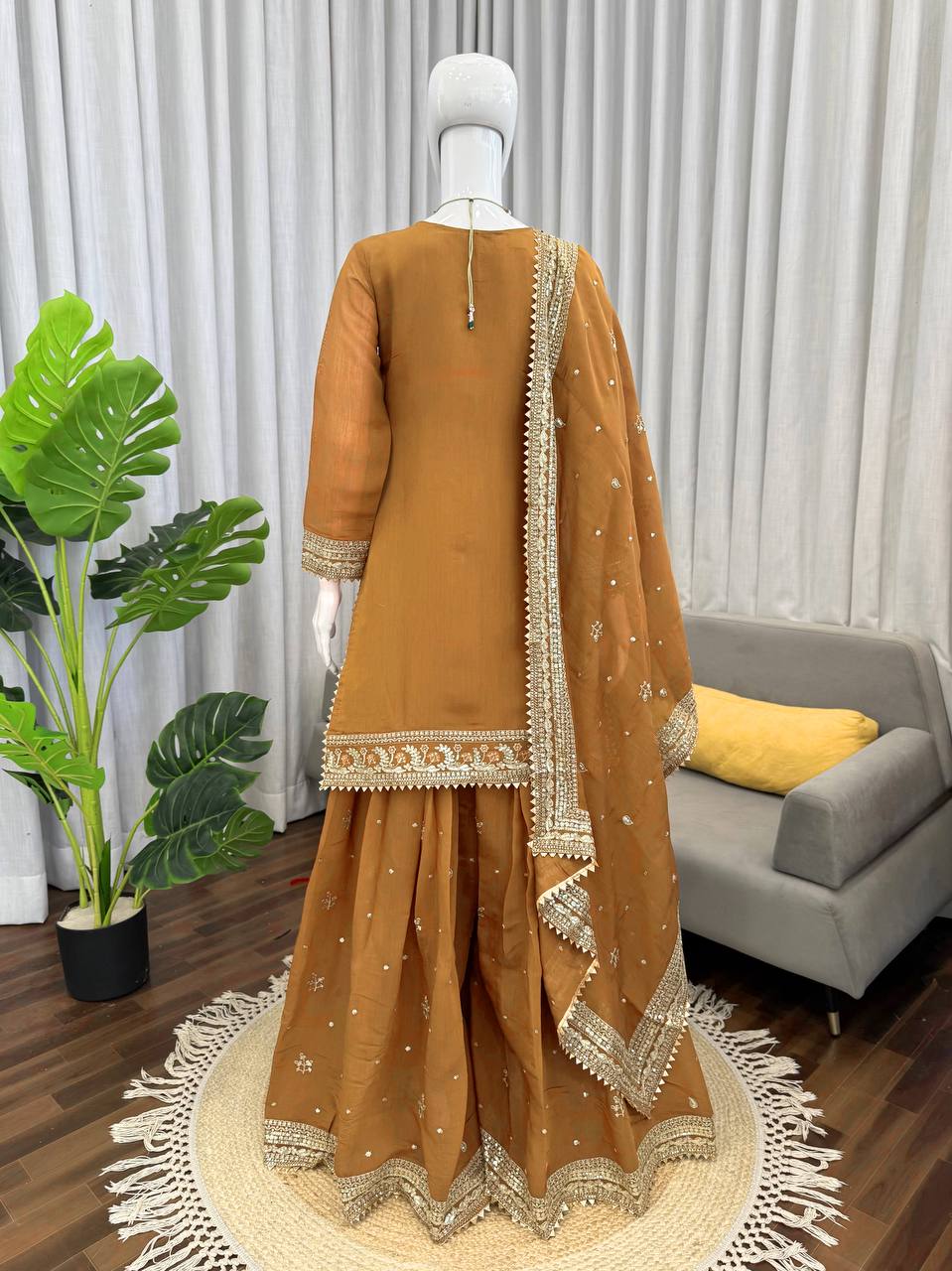 Premium Mul Chanderi Embroidered Top with Palazzo & Dupatta Set
