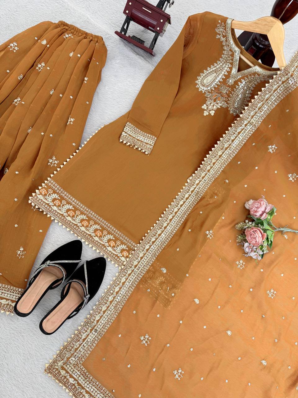 Premium Mul Chanderi Embroidered Top with Palazzo & Dupatta Set