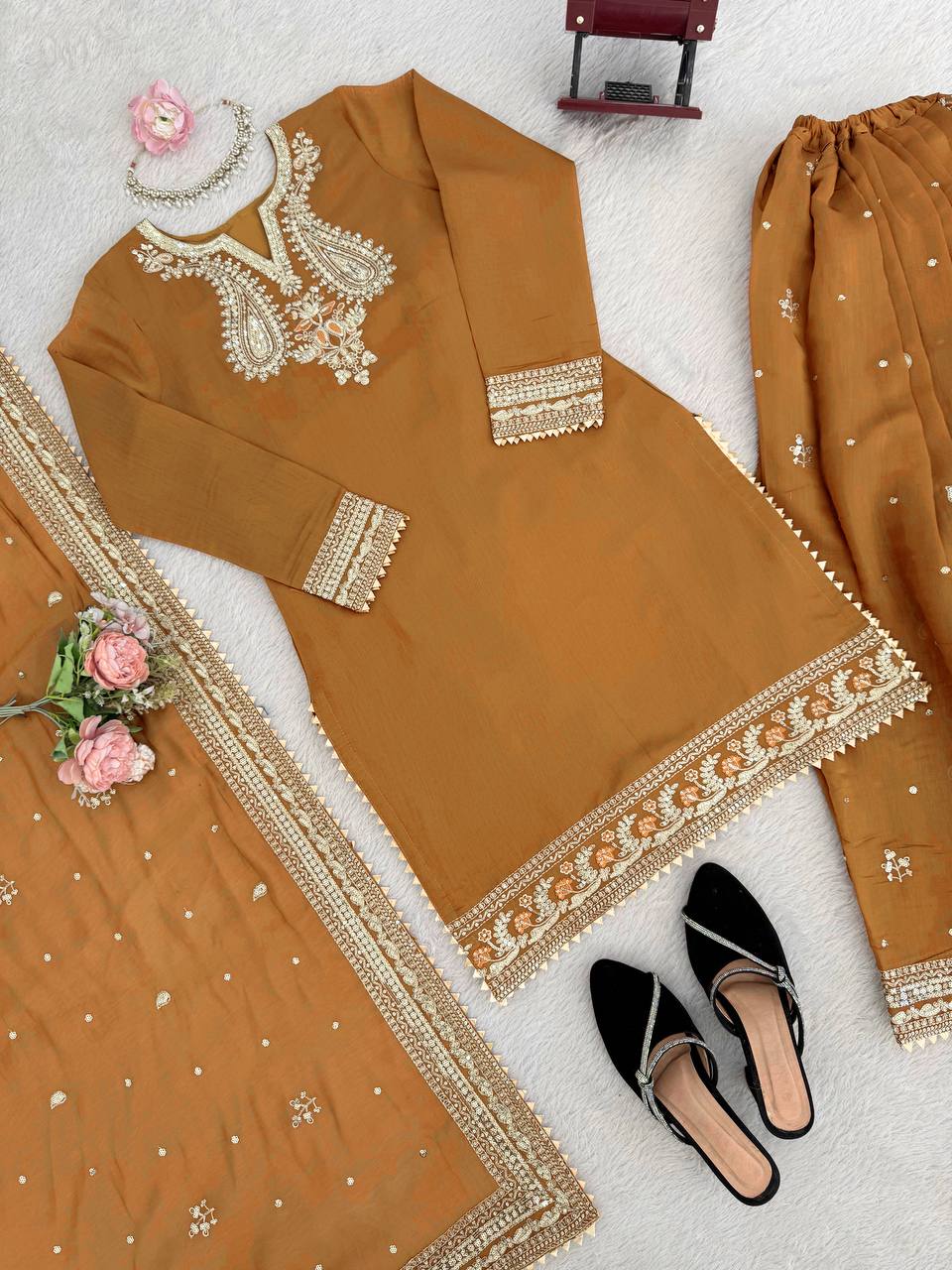 Premium Mul Chanderi Embroidered Top with Palazzo & Dupatta Set