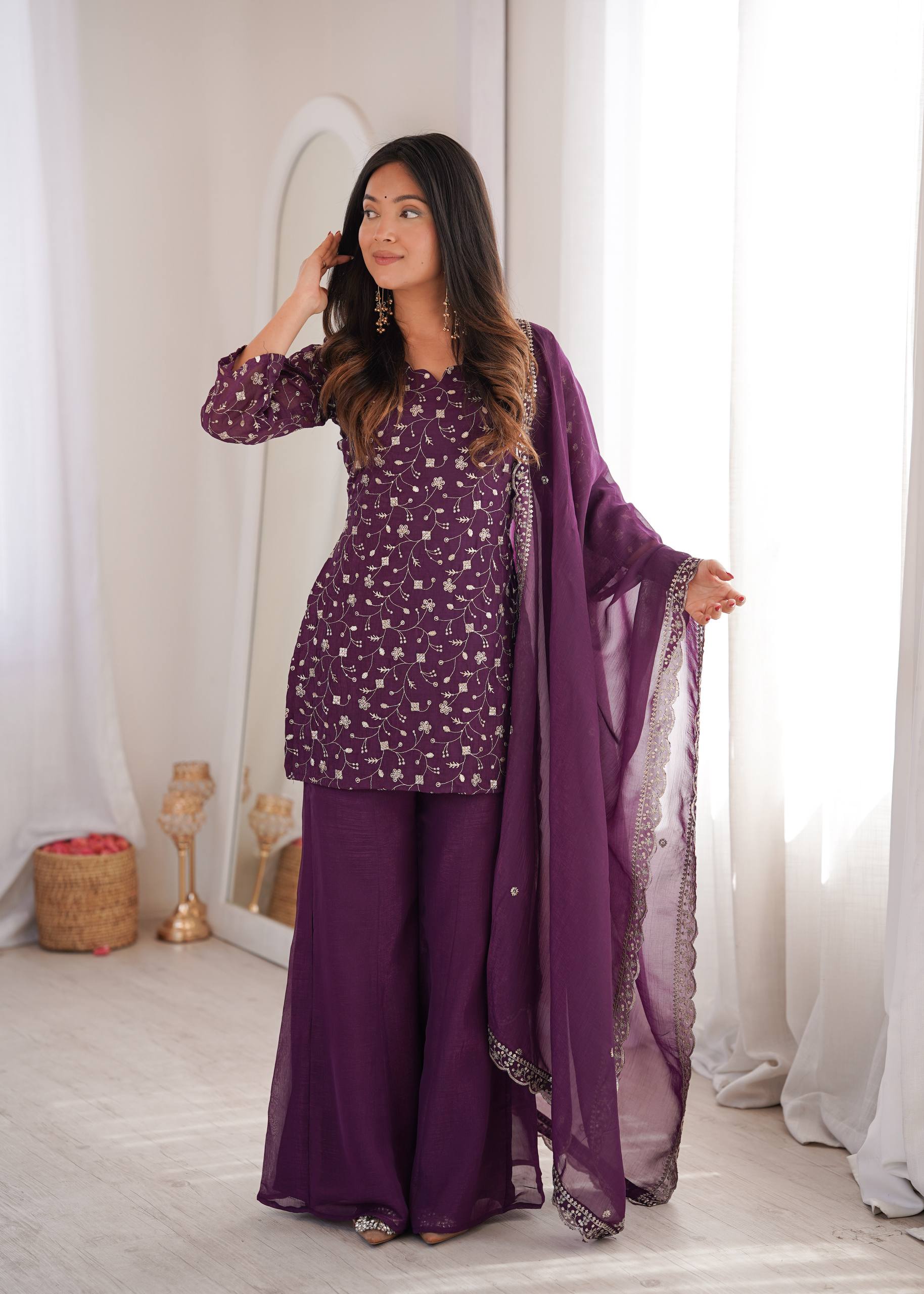 Premium Crunchy Silk Embroidered Kurta with Bell Bottom Pant & Dupatta Set