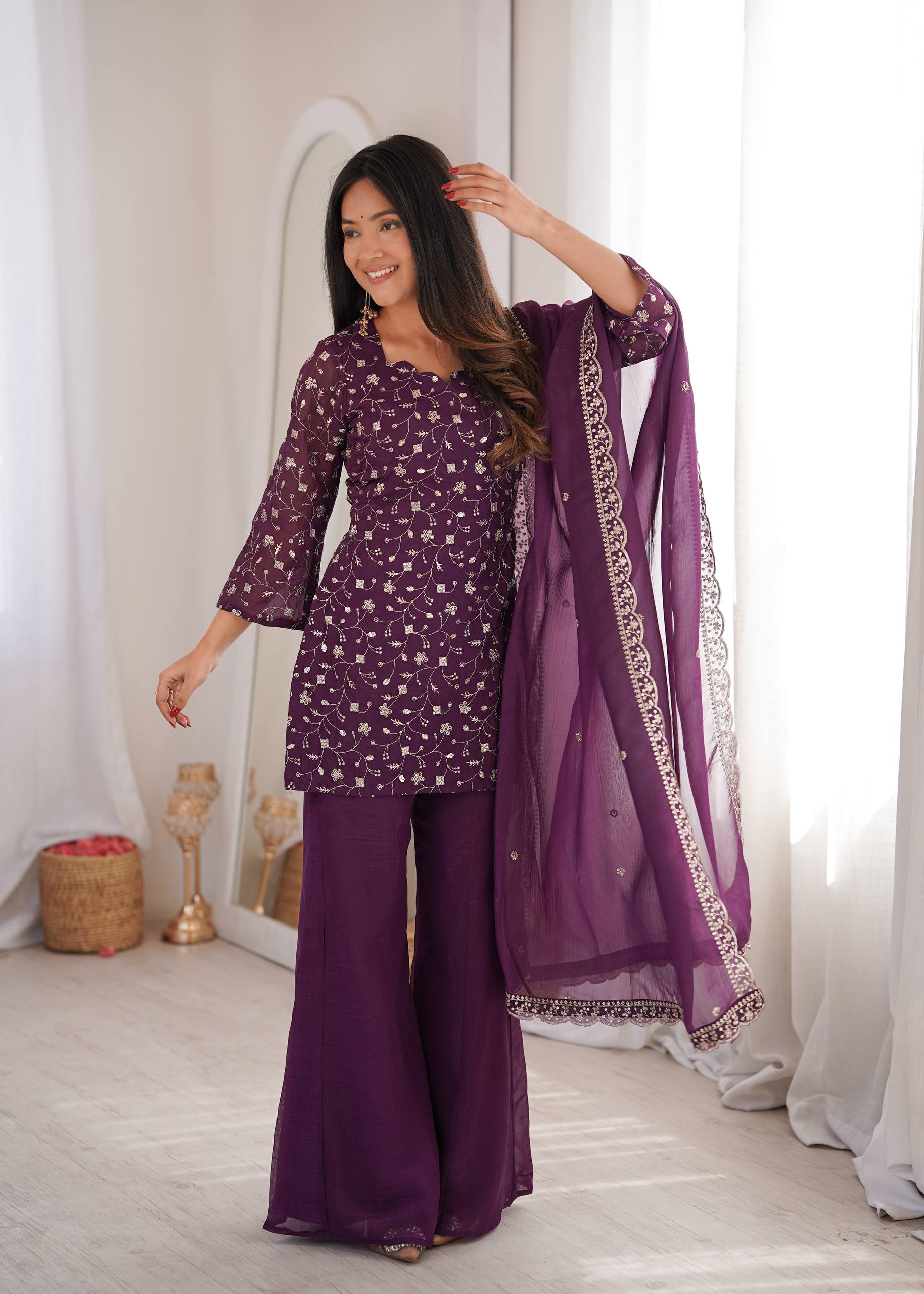 Premium Crunchy Silk Embroidered Kurta with Bell Bottom Pant & Dupatta Set