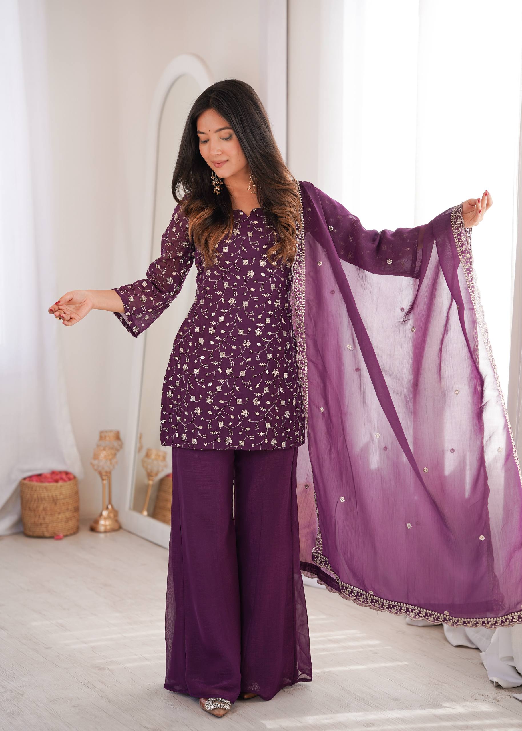 Premium Crunchy Silk Embroidered Kurta with Bell Bottom Pant & Dupatta Set
