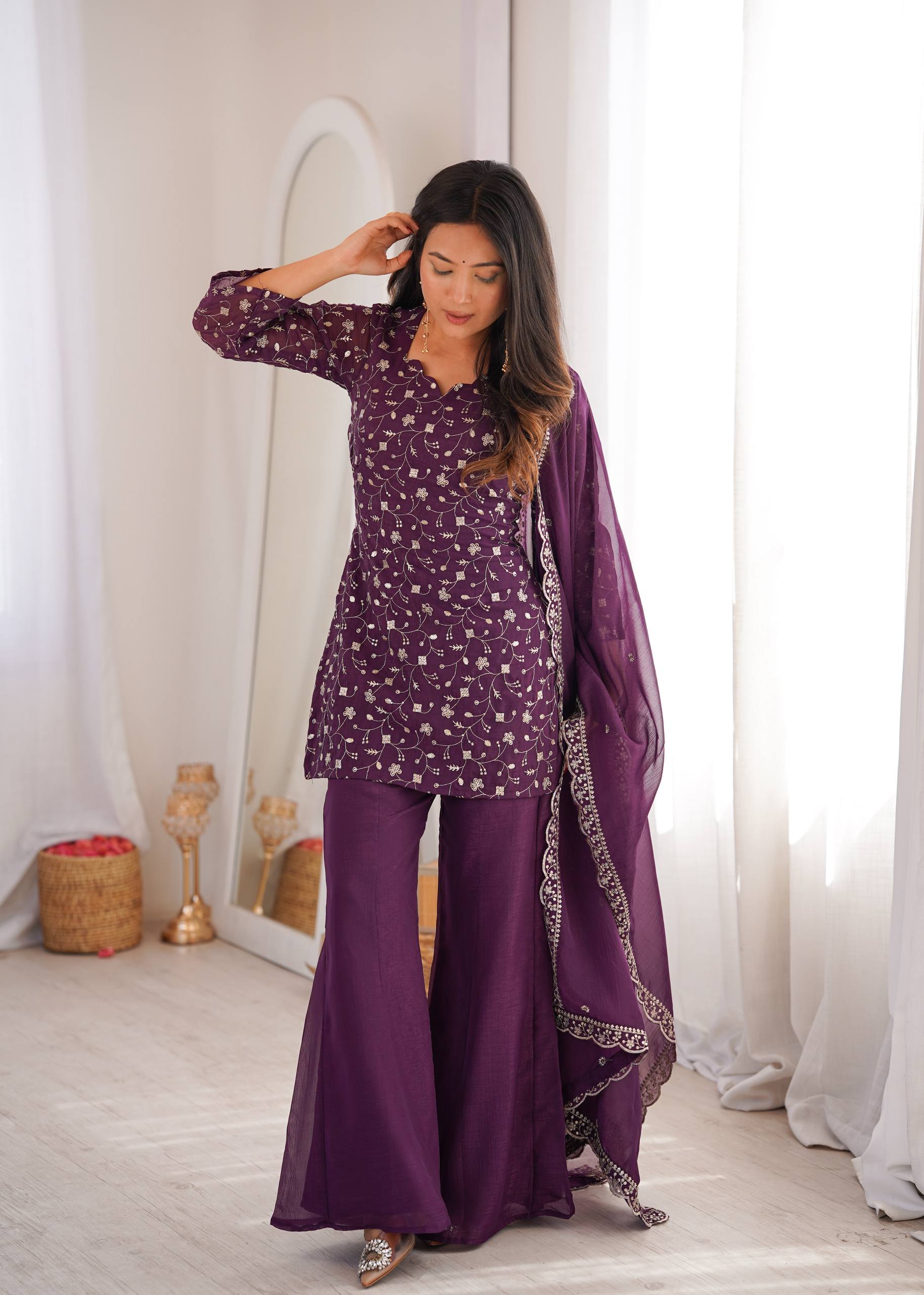 Premium Crunchy Silk Embroidered Kurta with Bell Bottom Pant & Dupatta Set